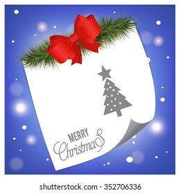 Creative Christmas tree Card. Christmas background with fir twigs and Ribbon banner with page curl card on glowing background.