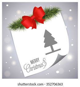 Creative Christmas tree Card. Christmas background with fir twigs and Ribbon banner with page curl card on glowing background.