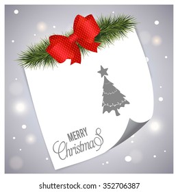 Creative Christmas tree Card. Christmas background with fir twigs and Ribbon banner with page curl card on glowing background.