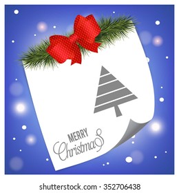 Creative Christmas tree Card. Christmas background with fir twigs and Ribbon banner with page curl card on glowing background.