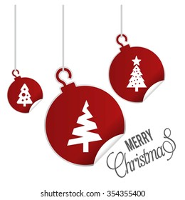 Creative Christmas tree Card. hanging balls with page curl effect set with Merry Christmas Creative typography isolated on white background