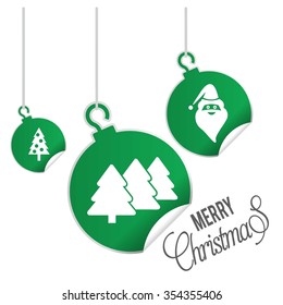Creative Christmas tree Card. hanging balls with page curl effect set with Merry Christmas Creative typography isolated on white background
