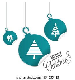 Creative Christmas tree Card. hanging balls with page curl effect set with Merry Christmas Creative typography isolated on white background