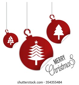 Creative Christmas tree Card. hanging balls with page curl effect set with Merry Christmas Creative typography isolated on white background