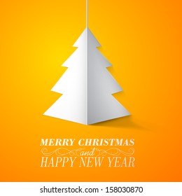 Creative Christmas tree card over orange background. Abstract paper Christmas Tree. Handmade Christmas tree cut out from office paper. Vector Illustration.