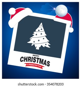 Creative Christmas tree Card. Photo frame Christmas Typography background with Santa Hat