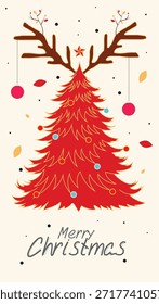 Creative Christmas Tree Design Topped with Reindeer Horns; Modern Red Fir Tree with Colorful Ornaments and Leaves, Elegant Merry Christmas Lettering for Seasonal Posters and Decor