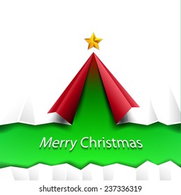 Creative Christmas tree formed from curled corner white paper. Vector Illustration. 