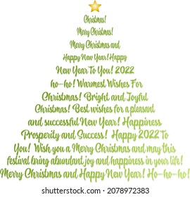 Creative Christmas tree made of inscriptions congratulations on Christmas and New Year! Inscriptions and greetings in the form of a Christmas tree. Vector illustration, gradient. 