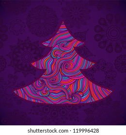 Creative Christmas tree made of mosaic elements. Vector illustration. Merry Christmas template design with snawflakes  on the back