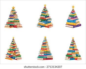 Creative Christmas Tree Made of Stacked Books. Colorful Book Pile with Fairy Lights. Vector Illustration for Education, Library, School and Reading Concept.