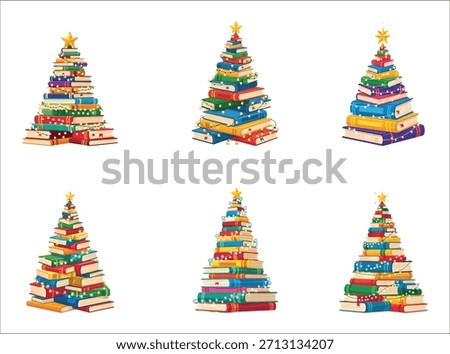 Creative Christmas Tree Made of Stacked Books. Colorful Book Pile with Fairy Lights. Vector Illustration for Education, Library, School and Reading Concept.