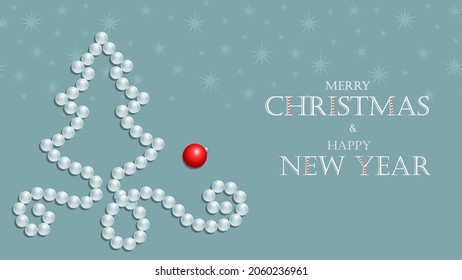 Creative Christmas tree from pearl gem necklace on green background with snowflakes or stars. Realistic white beads, red ball and congratulation New year text. Jewelry banner, winter holidays vector.
