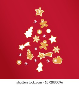Creative Christmas Tree Silhouette Made of Gingerbread Cookies on Red Background. Modern Flat Vector Illustration. Design Template.