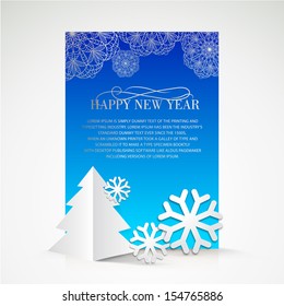 Creative christmas tree and snow cristalls holiday card. Vector Illustration.