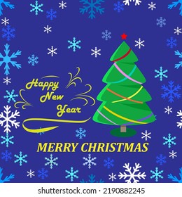 Creative christmas tree of snowflakes and fireworks, golden ball and lettering on blue background. Colorful template for printed, card, poster, banner. Vector illustration.