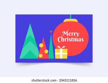 Creative Christmas Trees. Cute Merry Christmas greeting card. Blue Holiday Greeting with colorful Illustration. Happy new year, banner, cover, invitation, card, ad.