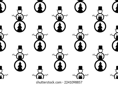 Creative christmas wrapping paper with black outline snowman in top hat with fir and gift box inside on white background. Wallpaper or bed linen print. Website banner concept. New year greeting card.