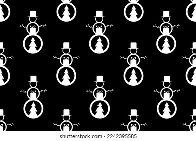 Creative christmas wrapping paper with black outline snowman in top hat with fir and gift box inside on white background. Wallpaper or bed linen print. Website banner concept. New year greeting card.