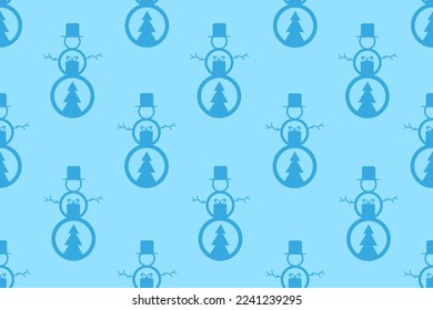 Creative christmas wrapping paper with blue outline snowman in top hat with fir and gift box inside on white background. Wallpaper or bed linen print. Website banner concept. New year greeting card.