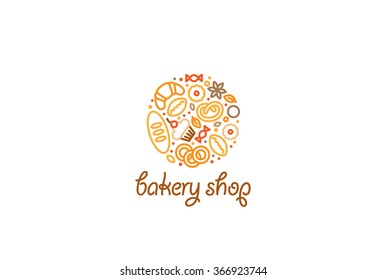 Creative Circle Bakery Shop Logo Design Vector Template Linear Style. Bread Croissant Sweets Cake Logotype Concept Outline Lineart Icon.