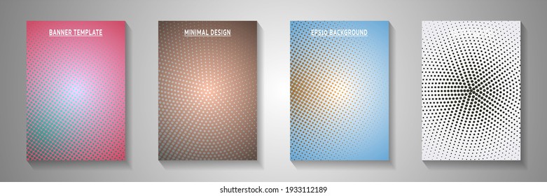 Creative circle faded screen tone cover templates vector kit. Urban journal perforated screen tone patterns. Retro comics style title page leaflets. Line art design.