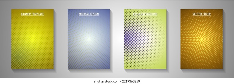 Creative circle faded screen tone title page templates vector batch. Scientific notebook perforated screen tone backgrounds. Vintage cartoon comics style cover page layouts. Overlay spots grid