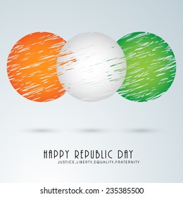 Creative circles design in national tricolor for Happy Indian Republic Day celebration on sky blue background.