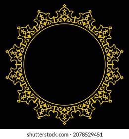 Marco de borde circular creativo de estilo floral con color dorado y fondo negro y suficiente espacio de texto disponible.