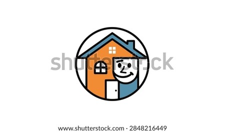 Creative circular design combining house shapes and a human face, representing neighborliness, community housing projects, and friendly real estate agents.