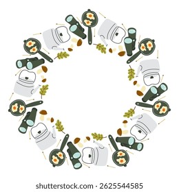 Creative circular design with kitchen utensils and ingredients arranged for a cooking theme