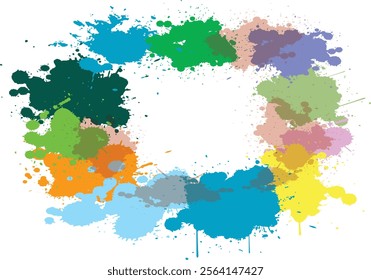 A creative circular frame made of scattered colorful paint splashes, featuring a mix of bold and pastel hues. Perfect for invitations, posters, or decorative art pieces.