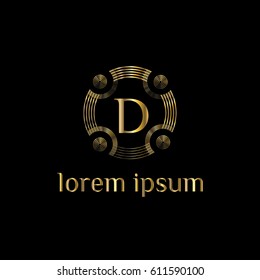 Creative circular golden emblem, letter D. Minimal line letter initial D logo. Abstract and elegant shape font sign. logotype vector design template for  branding.