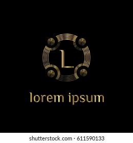 Creative circular golden emblem, letter L. Minimal line letter initial L logo. Abstract and elegant shape font sign. logotype vector design template for  branding.