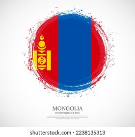 Creative circular grungy shape brush stroke flag of Mongolia on a solid background