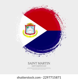 Creative circular grungy shape brush stroke flag of Saint Martin on a solid background
