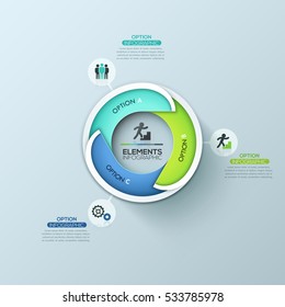 Creative circular infographic design template with 3 lettered overlapping elements connected with text boxes. Features of business process concept. Vector illustration for website, presentation.