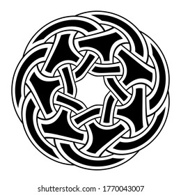 Creative circular interwoven ornament. Abstract round pattern. Stylish round ornament isolated on white background. Template for greeting card, invitation. Vector monochrome illustration.