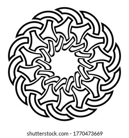 Ornamento circular entrelazado creativo. Patrón redondeado abstracto. Elegante ornamento redondo aislado de fondo blanco. Plantilla para tarjeta de saludo, invitación. Ilustración monocroma vectorial.