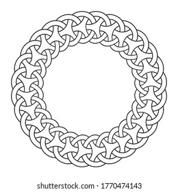 Creative circular interwoven ornament. Abstract round pattern, frame. Stylish round ornament isolated on white background. Template for greeting card, invitation. Vector monochrome illustration.