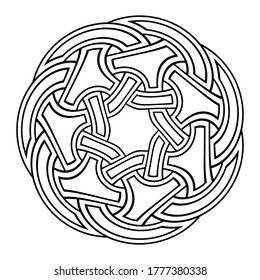 Creative circular interwoven ornament. Abstract round pattern. Stylish round ornament isolated on white background. Template for greeting card, invitation. Vector monochrome illustration.