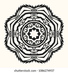 Creative circular ornament. Abstract round symmetrical pattern. Ethnic oriental pattern. Decorative round mandala. Floral decoration pattern. Tattoo design. Vector illustration.