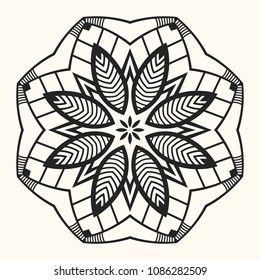 Creative circular ornament. Abstract round symmetrical pattern. Ethnic oriental pattern. Decorative round mandala. Floral decoration pattern. Tattoo design. Vector illustration.