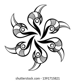 Creative circular ornament. Round symmetrical pattern isolated on white background. Design elements. Template for greeting card, invitation. Tattoo design. Vector monochrome illustration.