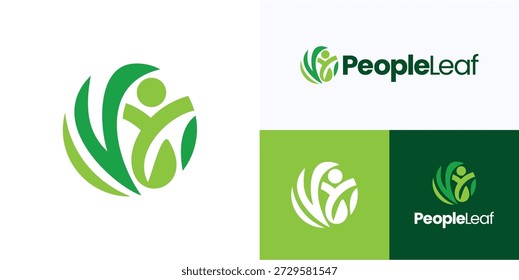 Criativa circular pessoas folha com a cor verde da natureza, ícone do logotipo design vetor ilustração, Símbolo humano figura combinação com folhas de árvore ou ramo para saúde e marca identidade negócio