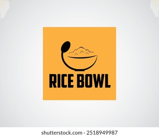 creative circular spoon forming a bowl with a pile of rice on top with a line concept logo design
