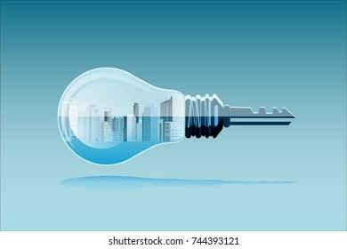 Creative city lamp with key symbol Key of thought Business illustrations