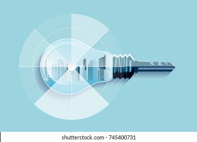 Creative city lamp with key symbol Key of thought Business illustrations