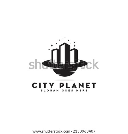 creative city planet logo design, silhouette skyscrapers and planet space, business real estate dream house building vector template illustration