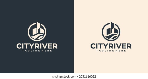 creative city river logo, building with water symbol logo design
